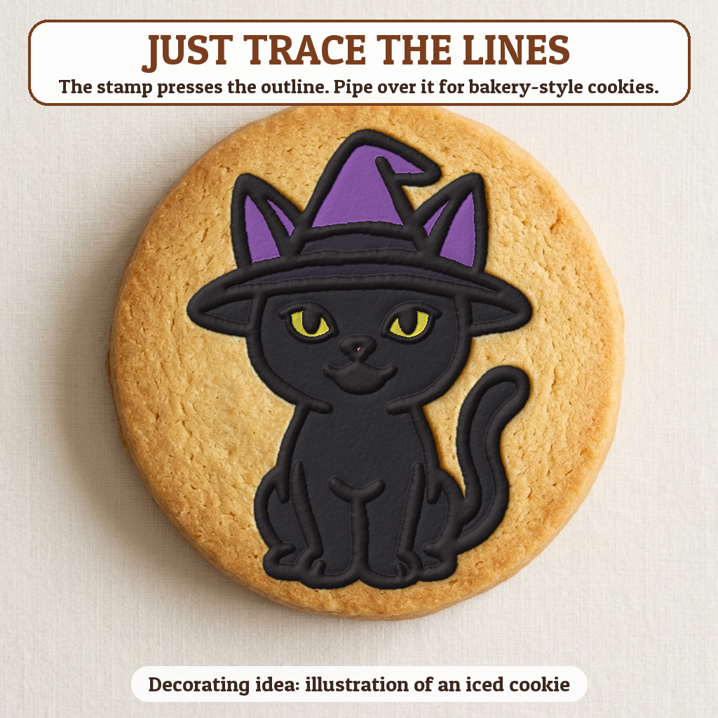 Cat in a Witch Hat cookie traced with icing, iced decorating idea