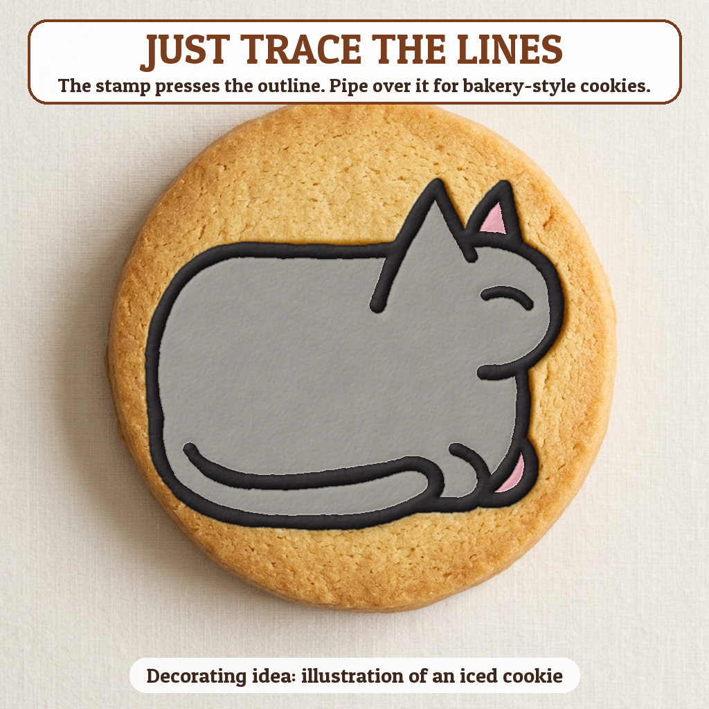 Cat Loaf cookie traced with icing, iced decorating idea