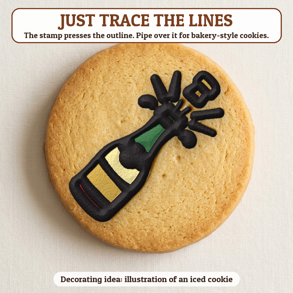 Champagne Bottle Popping cookie traced with icing, iced decorating idea