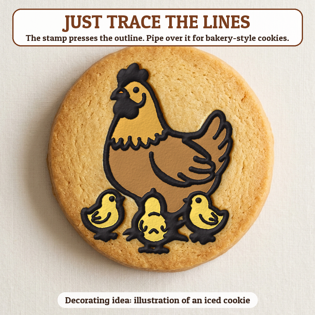 Chicken & Chicks cookie traced with icing, iced decorating idea