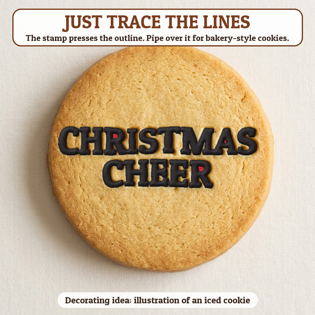 Christmas Cheer cookie traced with icing, iced decorating idea