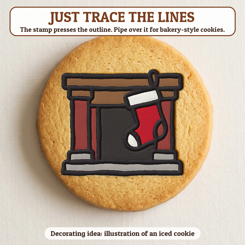 Christmas Fireplace cookie traced with icing, iced decorating idea