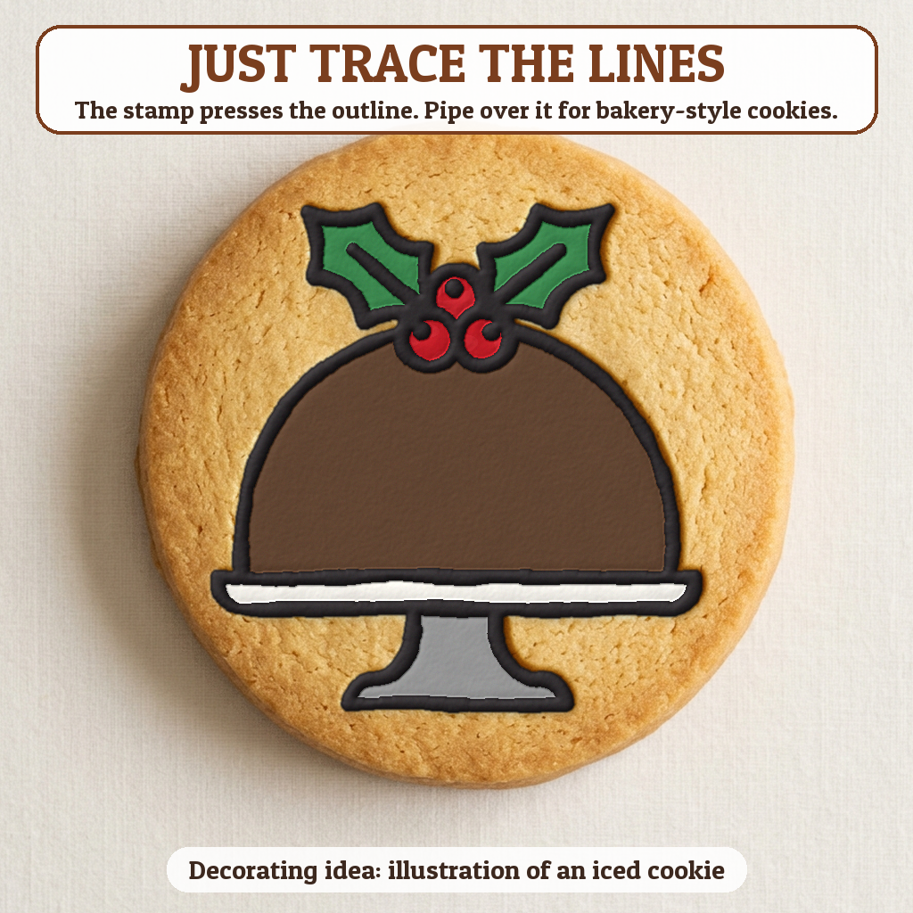 Christmas Pudding cookie traced with icing, iced decorating idea