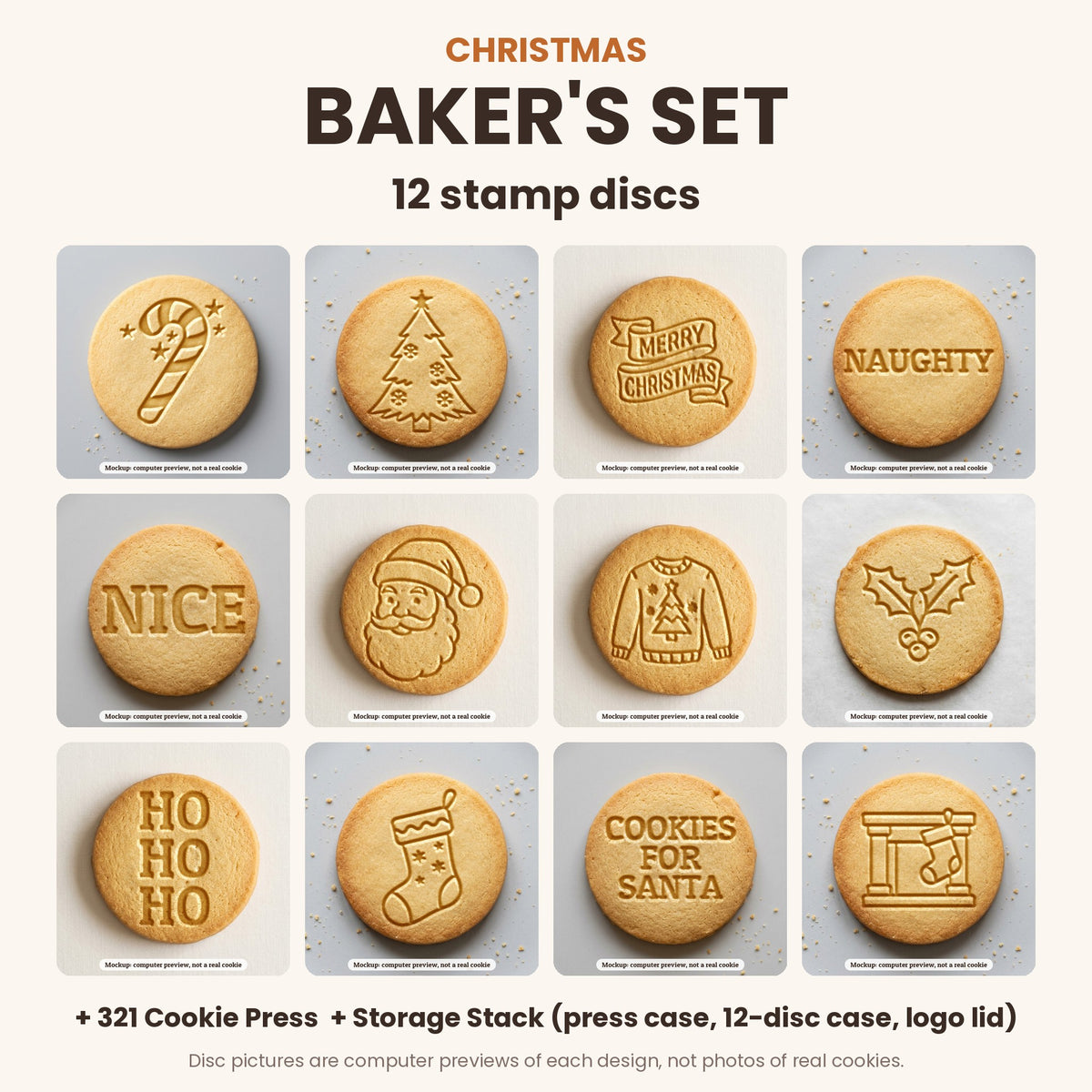 Christmas Baker's Set: what's in the box - 12 stamp discs, the 321 Cookie Press and storage cases (disc pictures are computer previews)