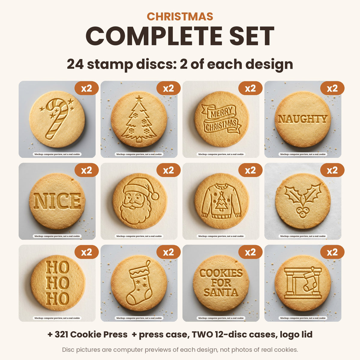 Christmas Complete Set: what's in the box - 24 stamp discs, two of each, the 321 Cookie Press and storage cases (disc pictures are computer previews)