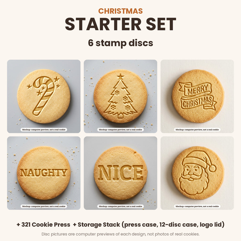 Christmas Starter Set: what's in the box - 6 stamp discs, the 321 Cookie Press and storage cases (disc pictures are computer previews)