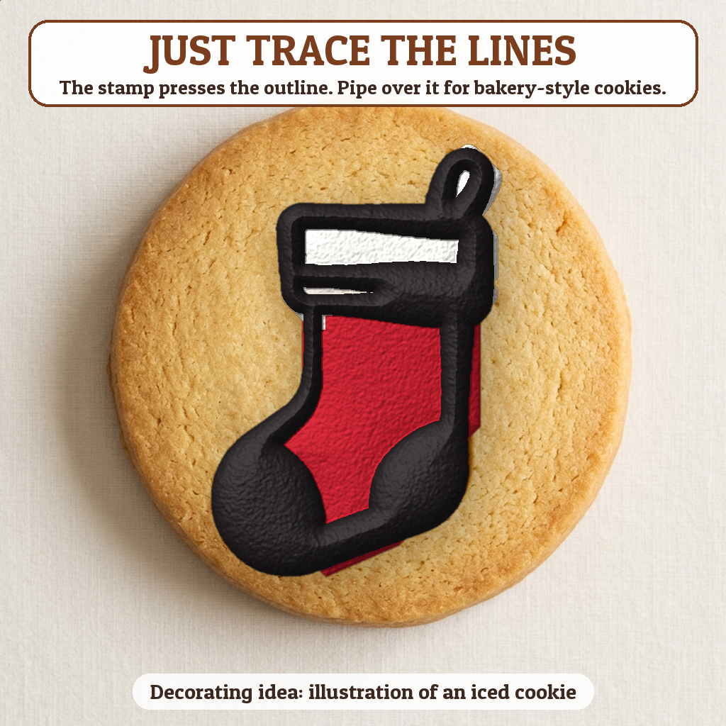 Christmas Stocking cookie traced with icing, iced decorating idea