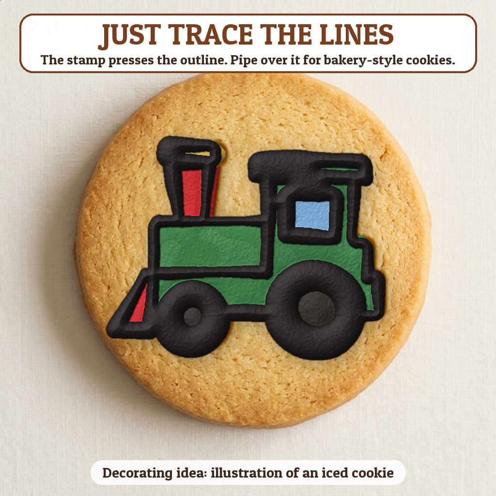 Christmas Train cookie traced with icing, iced decorating idea