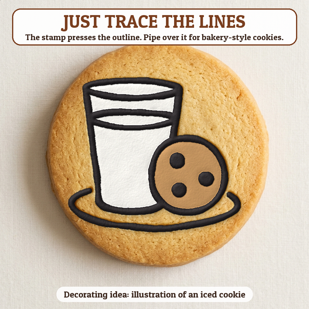Cookies and Milk cookie traced with icing, iced decorating idea