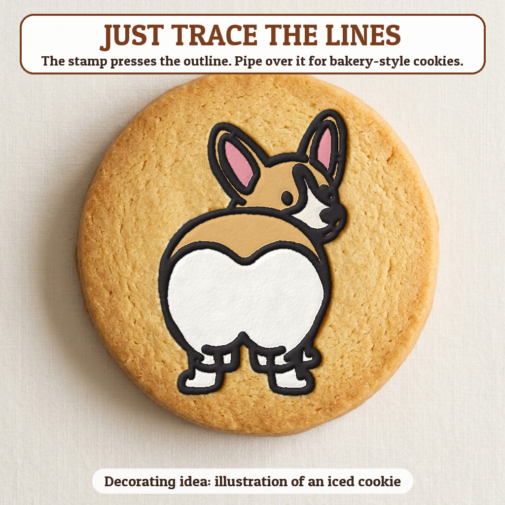 Corgi cookie traced with icing, iced decorating idea