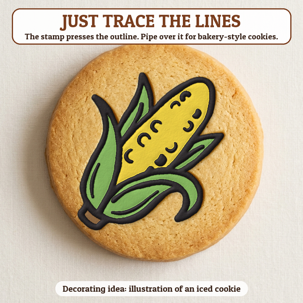 Corn on the Cob cookie traced with icing, iced decorating idea