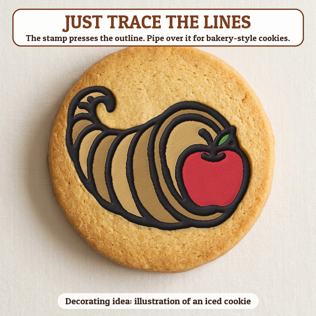 Cornucopia cookie traced with icing, iced decorating idea