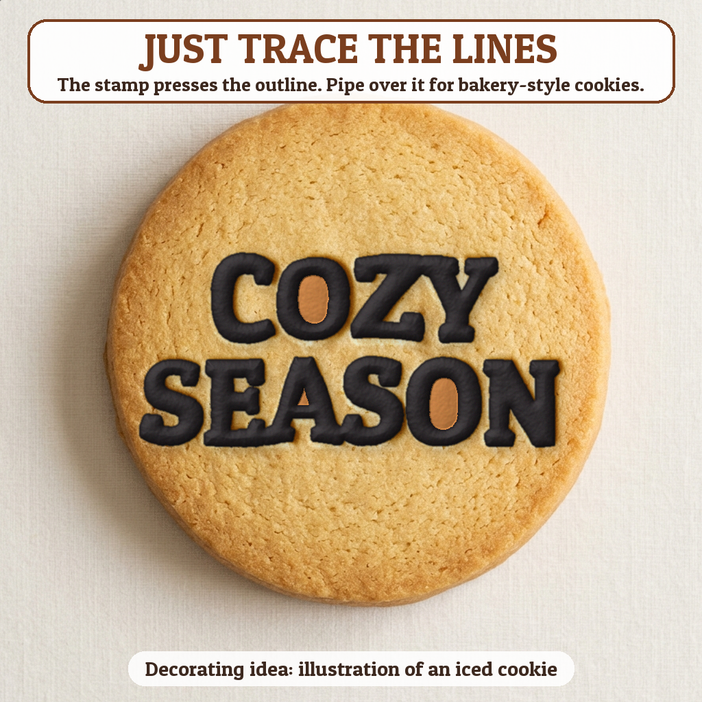 Cozy Season cookie traced with icing, iced decorating idea