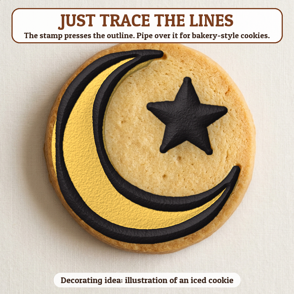 Crescent Moon & Star cookie traced with icing, iced decorating idea