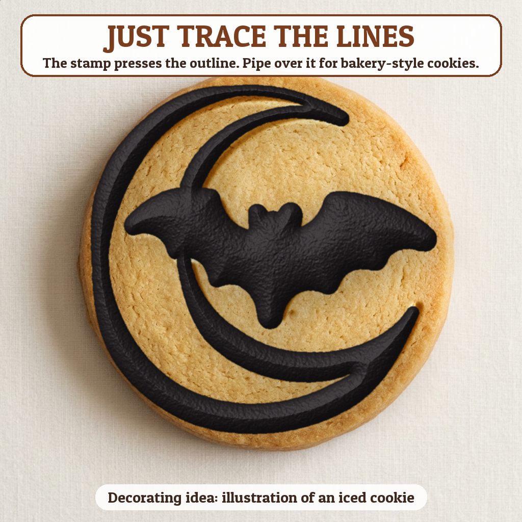 Crescent Moon with Bat cookie traced with icing, iced decorating idea