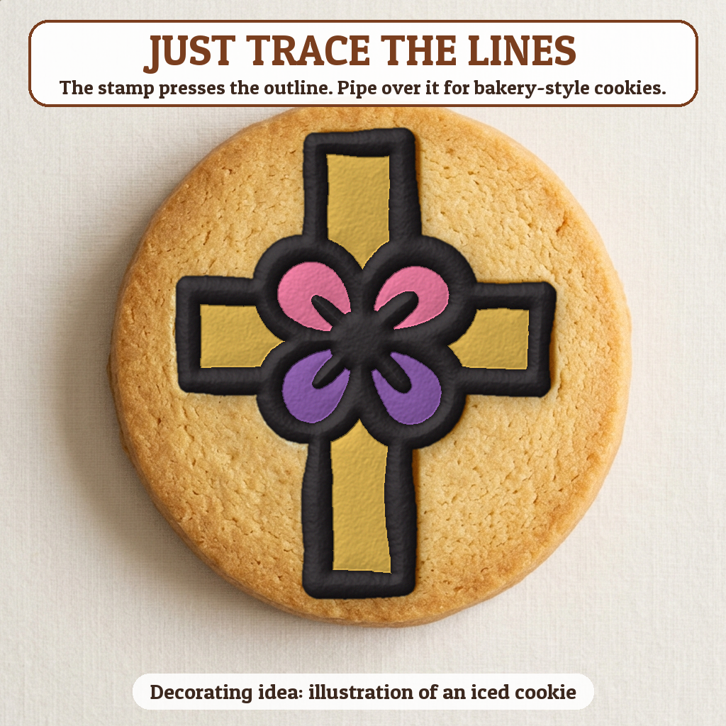 Cross with Flowers cookie traced with icing, iced decorating idea