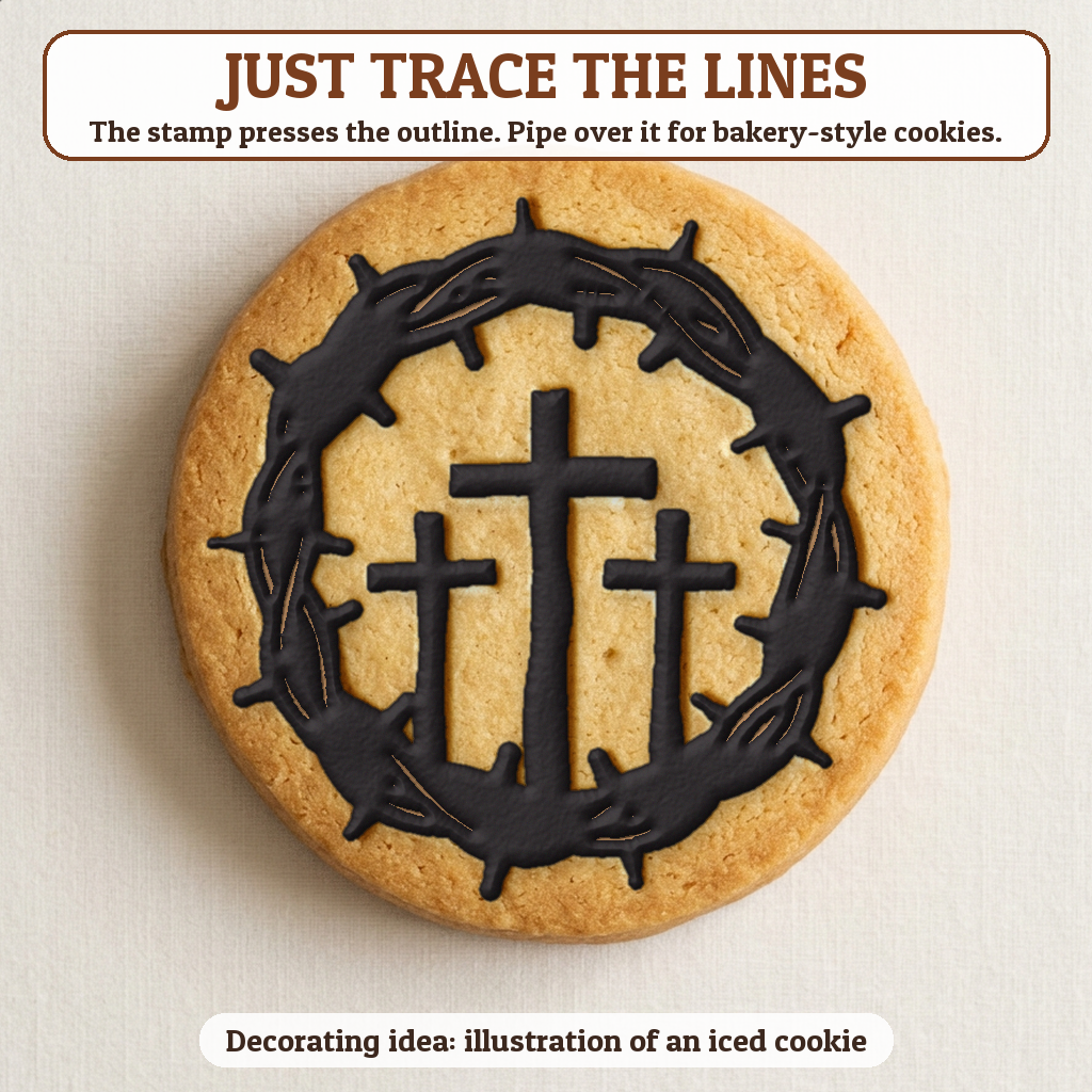 Crown of Thorns cookie traced with icing, iced decorating idea