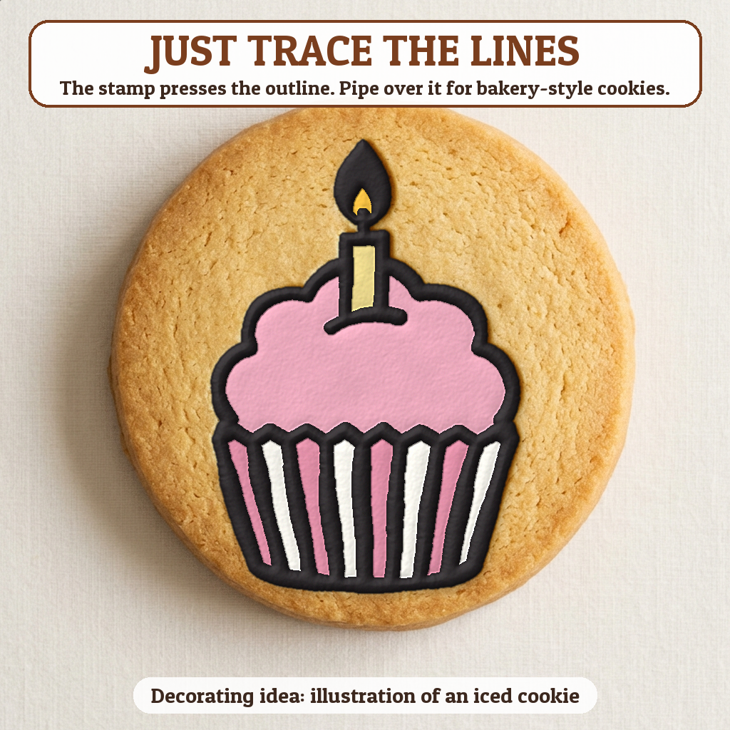 Cupcake with a Candle cookie traced with icing, iced decorating idea