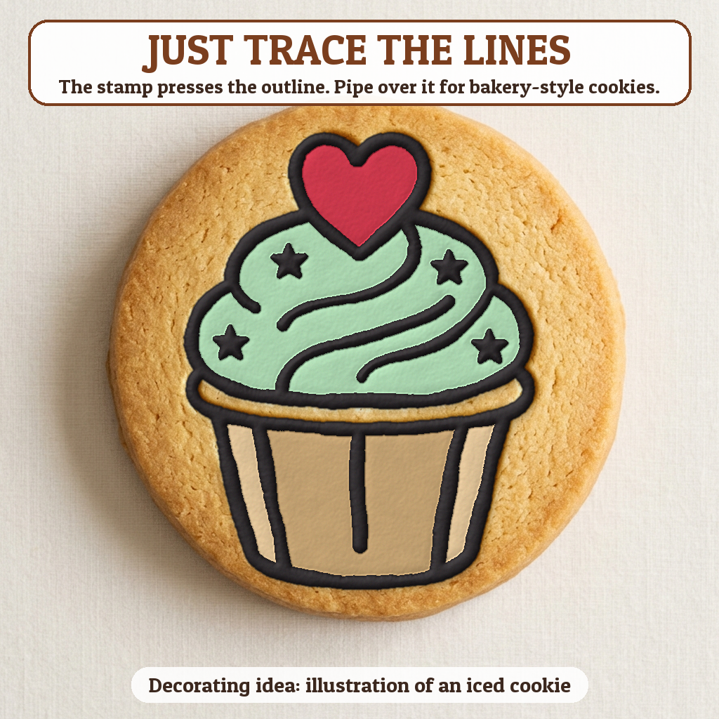 Cupcake with a Heart cookie traced with icing, iced decorating idea