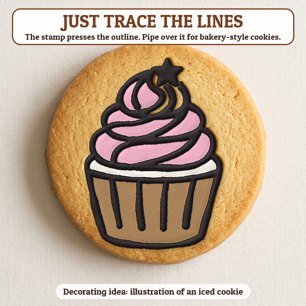 Cupcake with Swirl Frosting cookie traced with icing, iced decorating idea