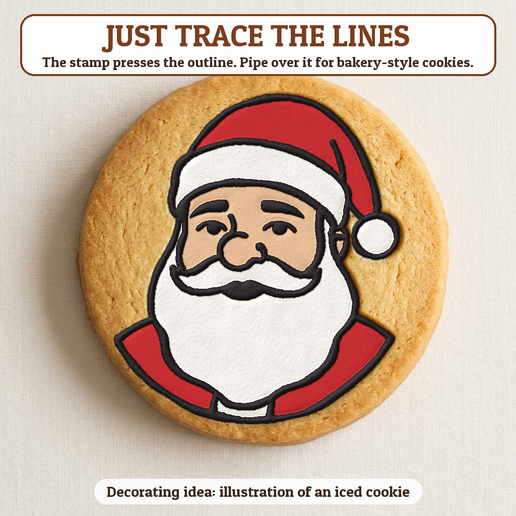 Cute Round Santa cookie traced with icing, iced decorating idea