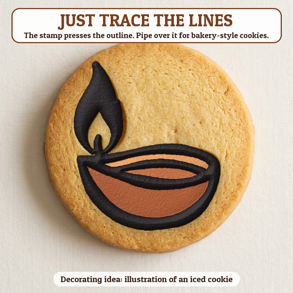 Diya Lamp cookie traced with icing, iced decorating idea