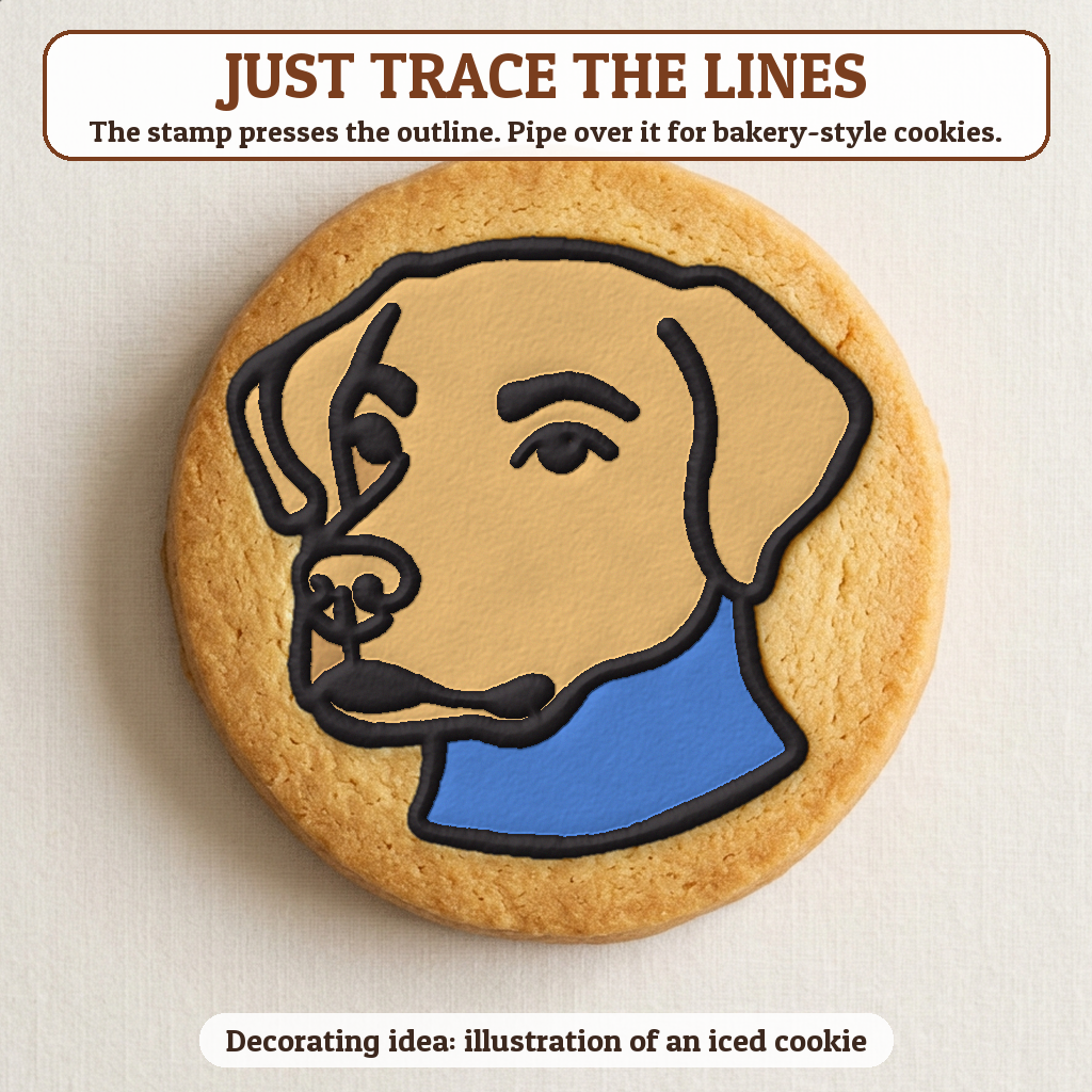 Dog cookie traced with icing, iced decorating idea