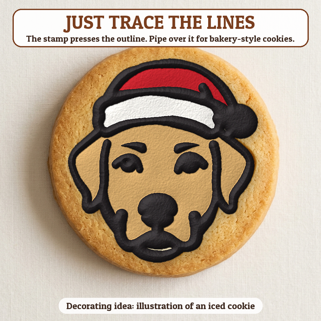 Dog in a Santa Hat cookie traced with icing, iced decorating idea