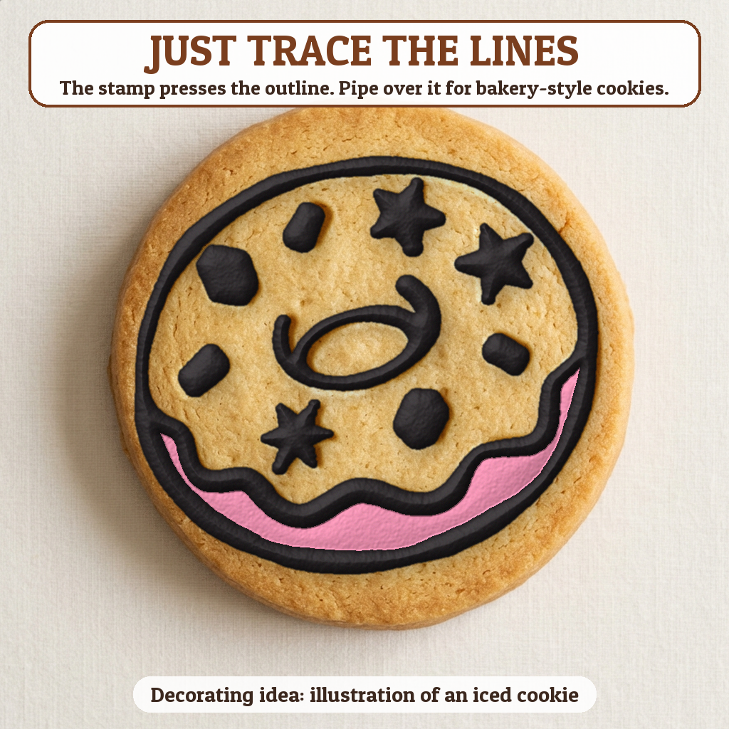 Donut cookie traced with icing, iced decorating idea