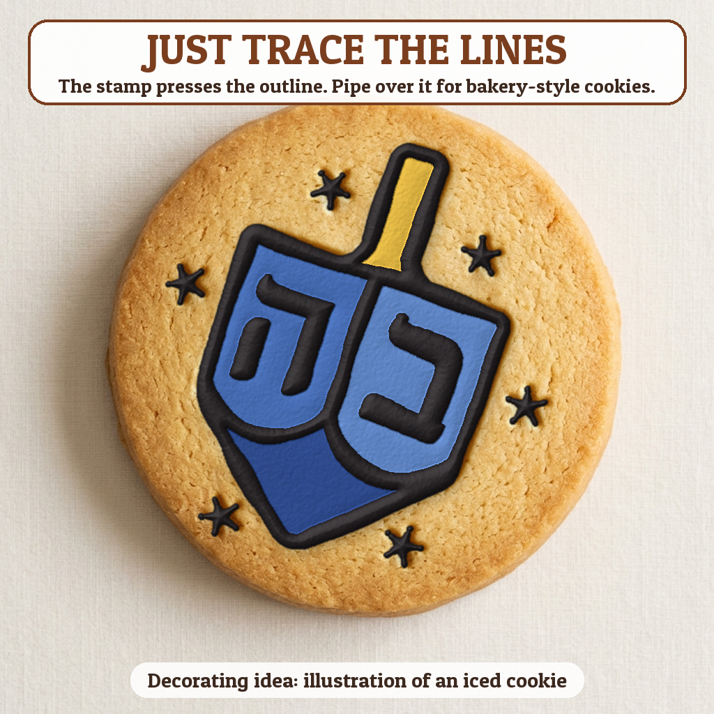 Dreidel cookie traced with icing, iced decorating idea