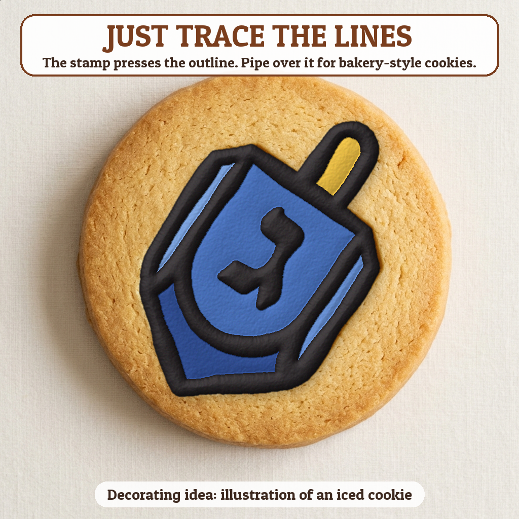 Dreidel Spinning cookie traced with icing, iced decorating idea
