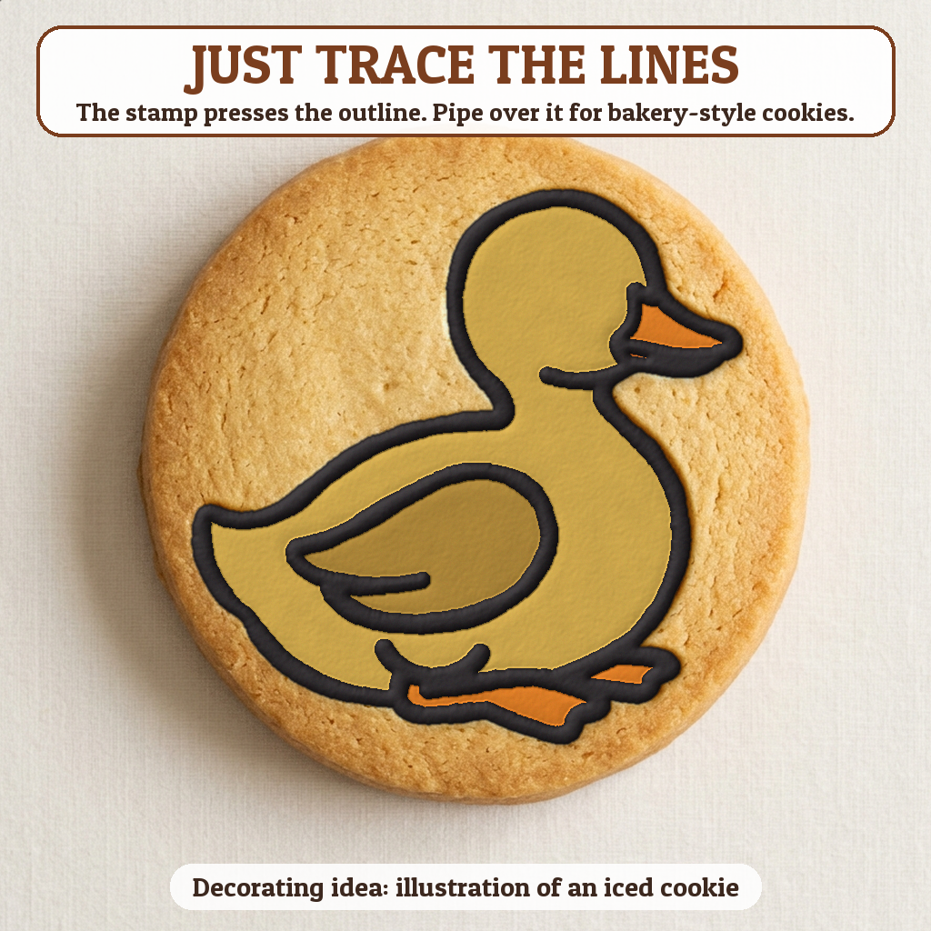 Duckling cookie traced with icing, iced decorating idea