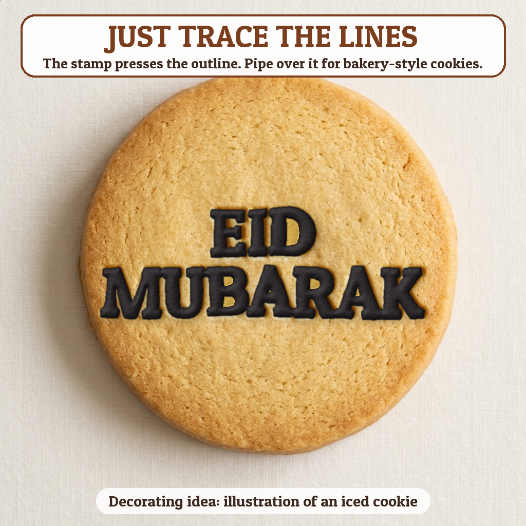 Eid Mubarak cookie traced with icing, iced decorating idea