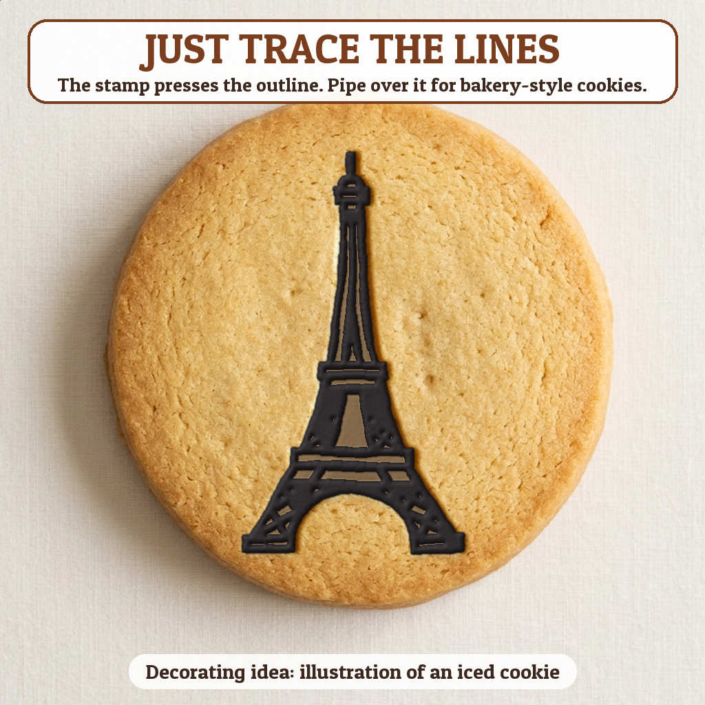 Eiffel Tower cookie traced with icing, iced decorating idea