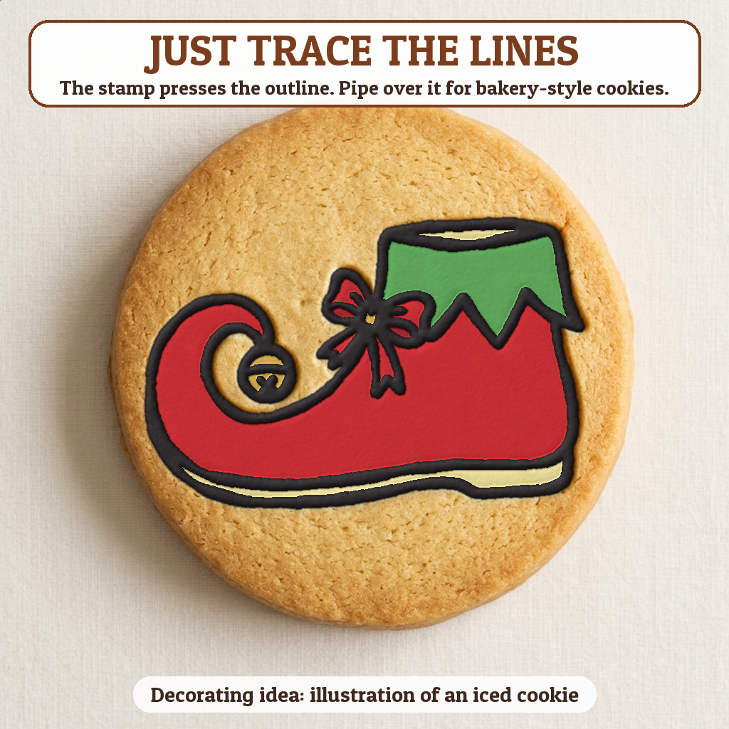 Elf Shoe cookie traced with icing, iced decorating idea