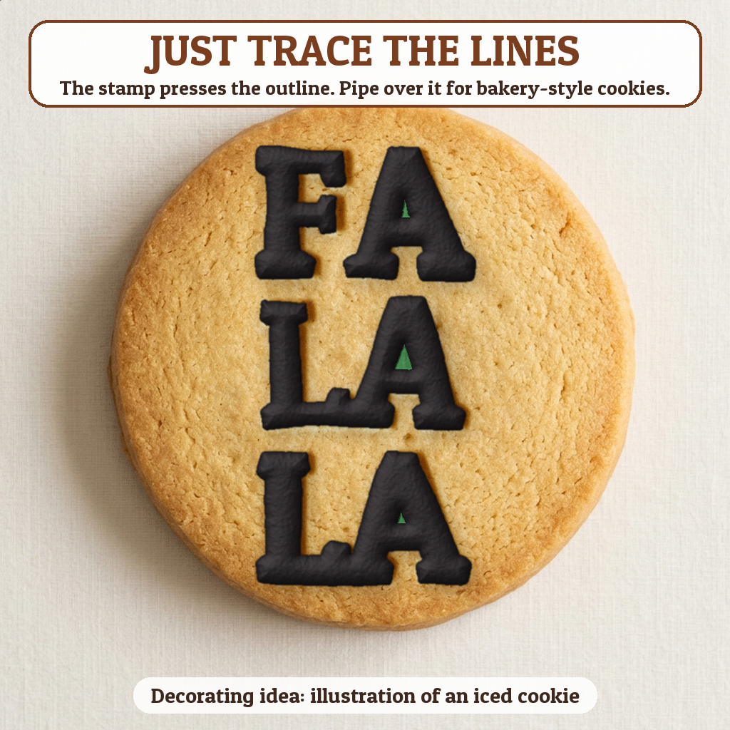 Fa La La cookie traced with icing, iced decorating idea