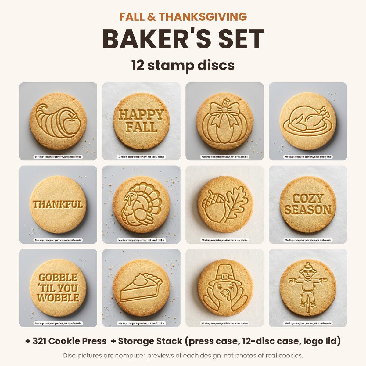 Fall & Thanksgiving Baker's Set: what's in the box - 12 stamp discs, the 321 Cookie Press and storage cases (disc pictures are computer previews)
