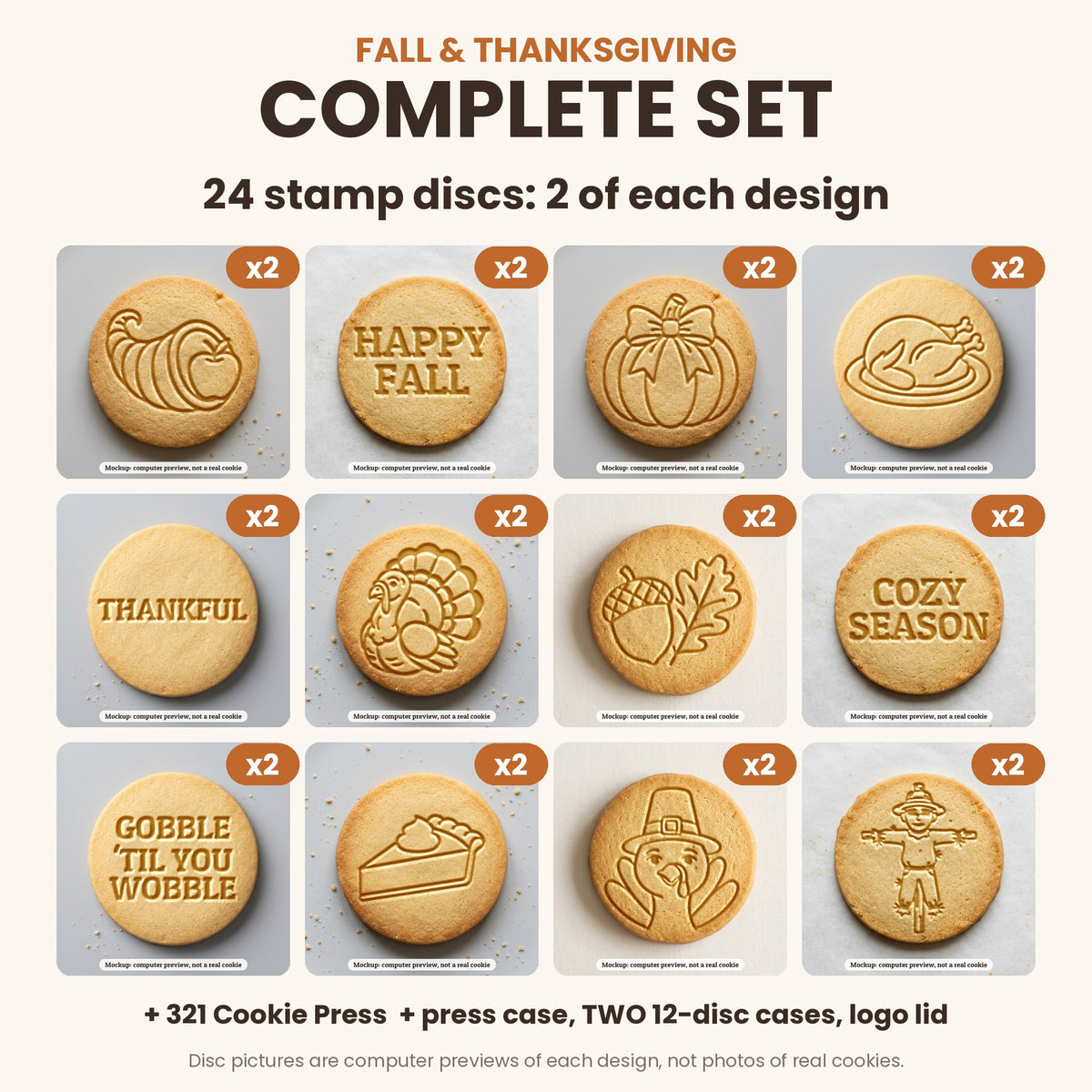 Fall & Thanksgiving Complete Set: what's in the box - 24 stamp discs, two of each, the 321 Cookie Press and storage cases (disc pictures are computer previews)