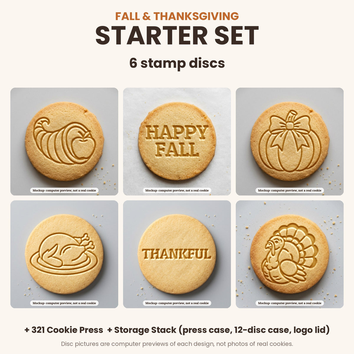 Fall & Thanksgiving Starter Set: what's in the box - 6 stamp discs, the 321 Cookie Press and storage cases (disc pictures are computer previews)