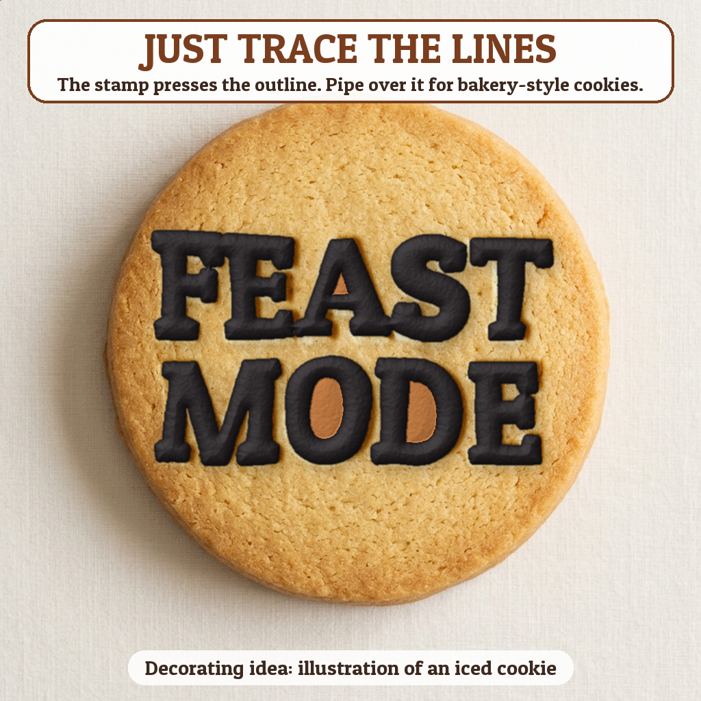Feast Mode cookie traced with icing, iced decorating idea