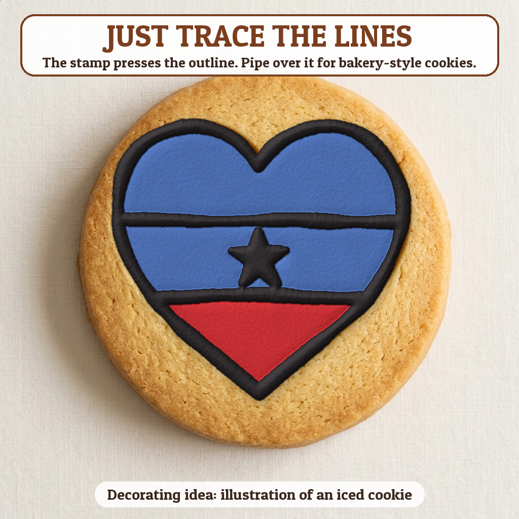 Flag Heart cookie traced with icing, iced decorating idea