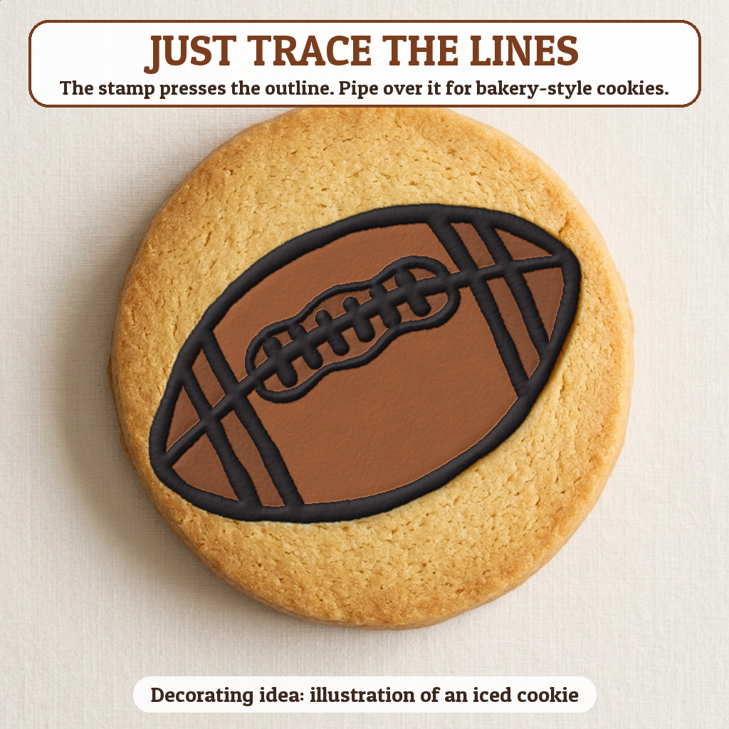 Football cookie traced with icing, iced decorating idea