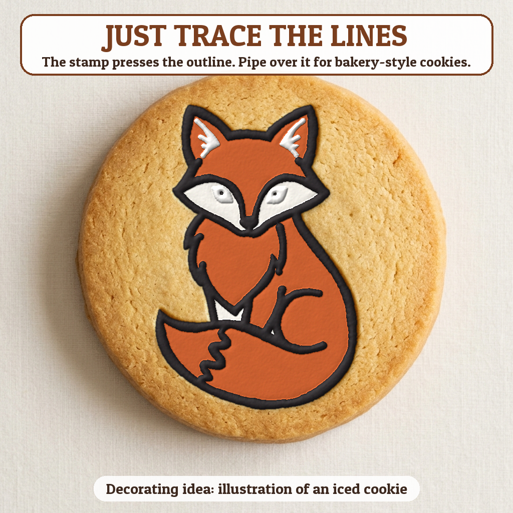 Fox cookie traced with icing, iced decorating idea
