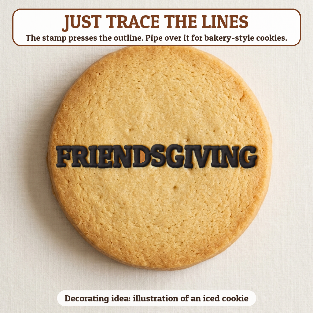 Friendsgiving cookie traced with icing, iced decorating idea