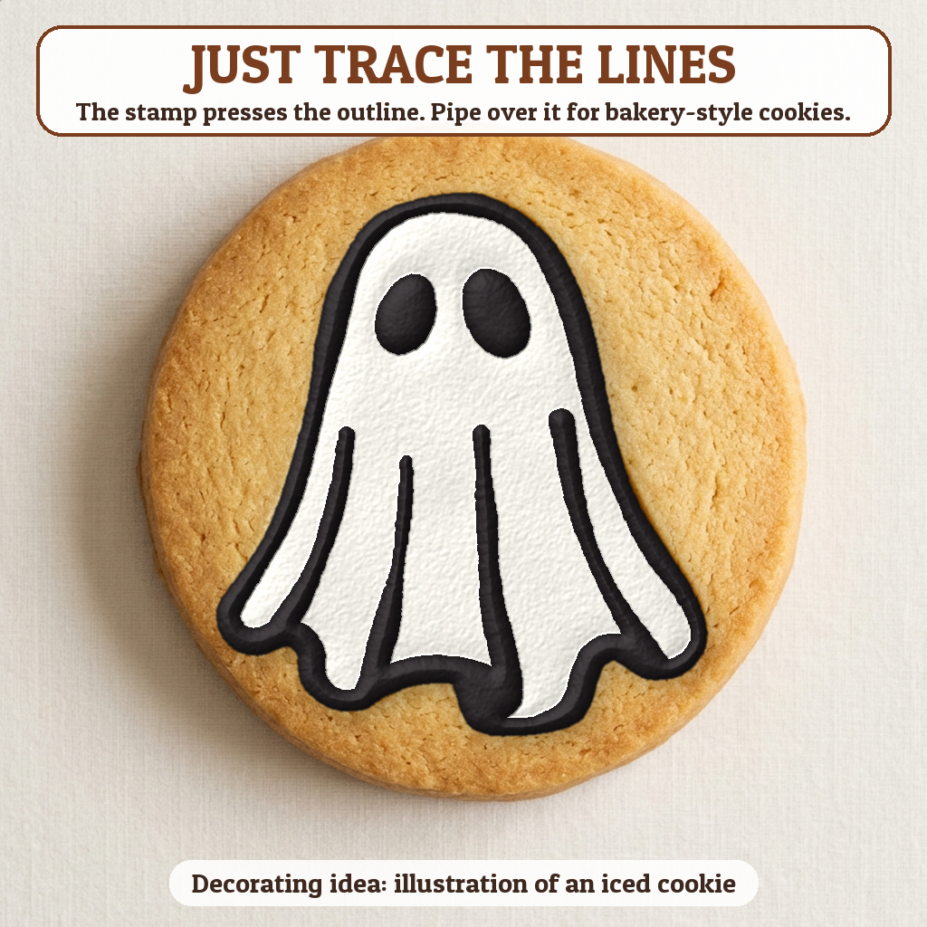 Ghost cookie traced with icing, iced decorating idea