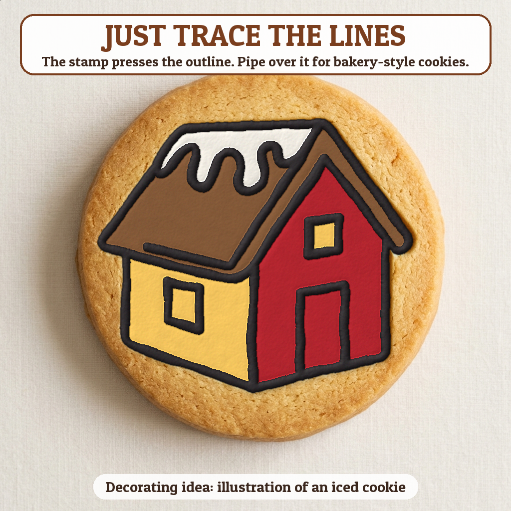 Gingerbread House cookie traced with icing, iced decorating idea