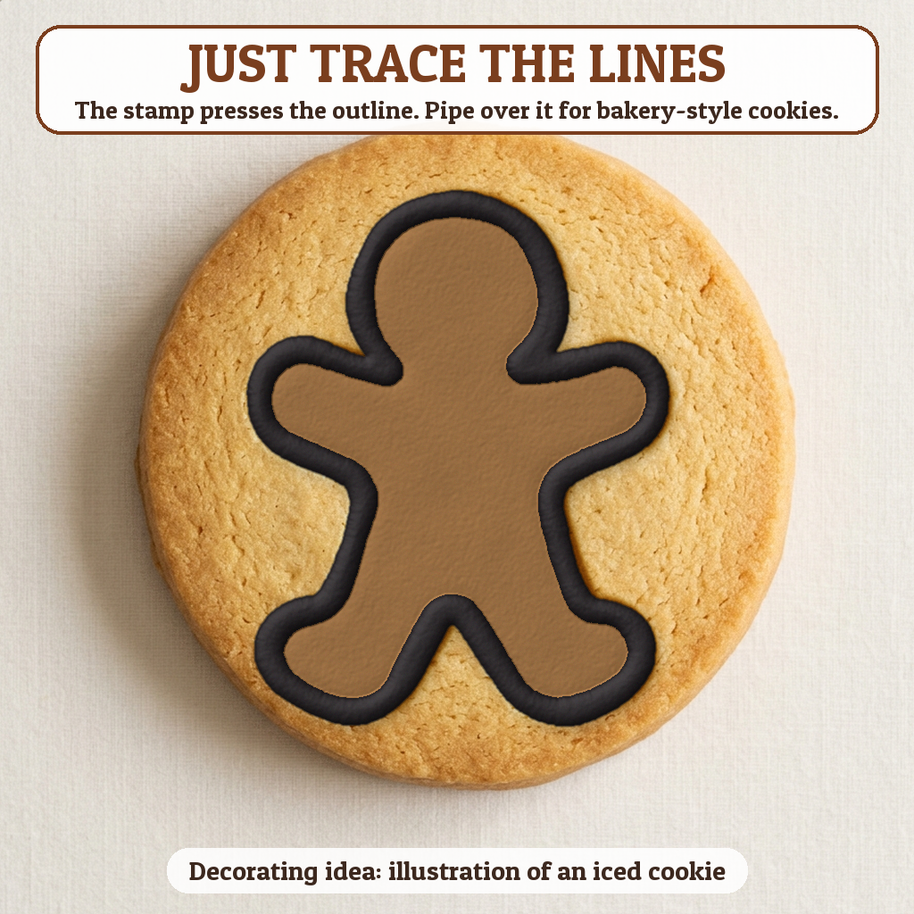 Gingerbread Man cookie traced with icing, iced decorating idea