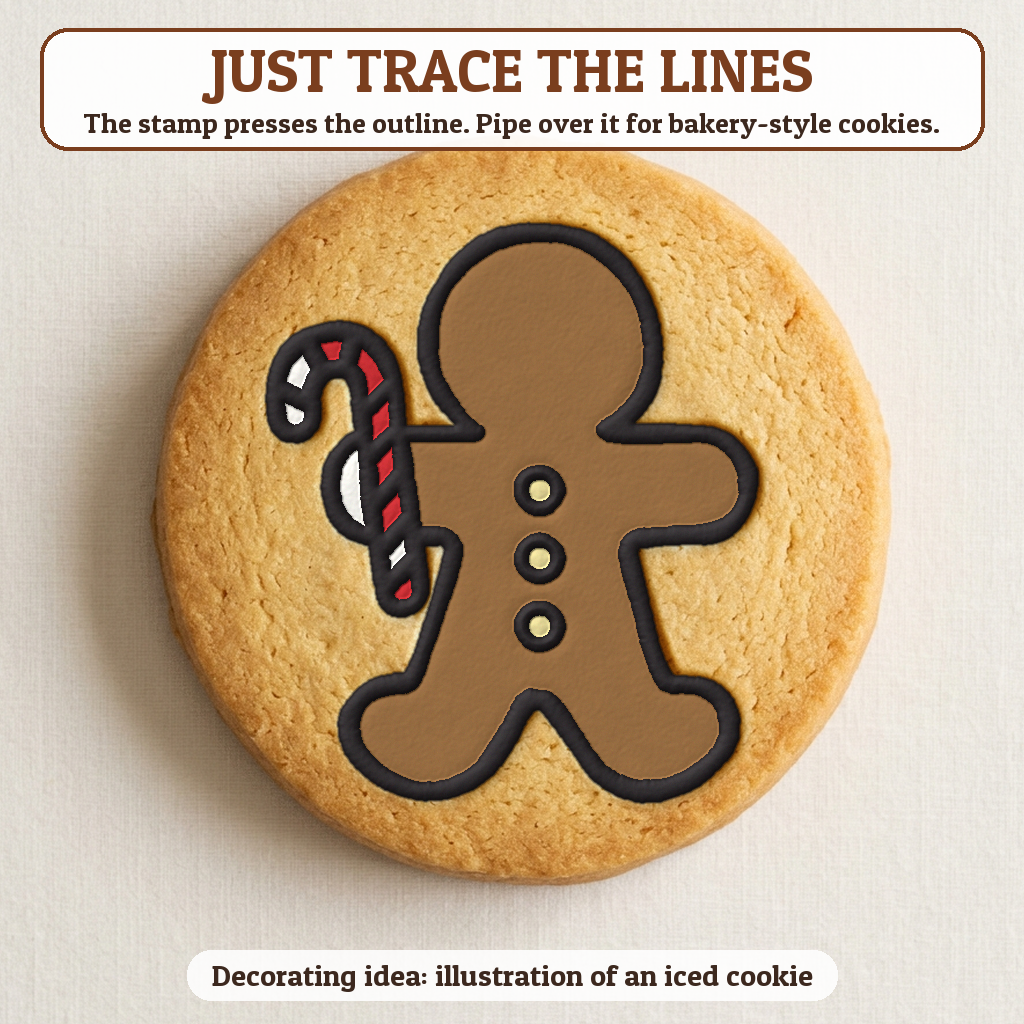 Gingerbread Man with a Candy Cane cookie traced with icing, iced decorating idea
