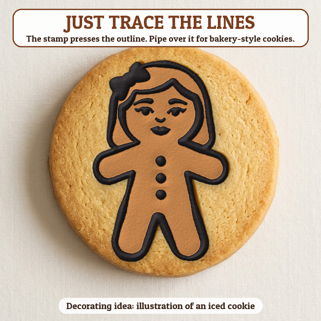 Gingerbread Woman cookie traced with icing, iced decorating idea