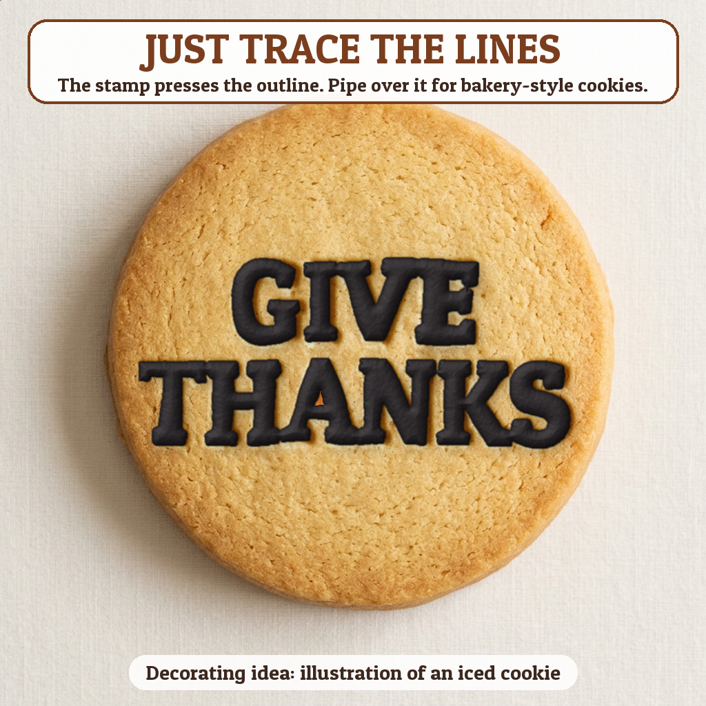 Give Thanks cookie traced with icing, iced decorating idea